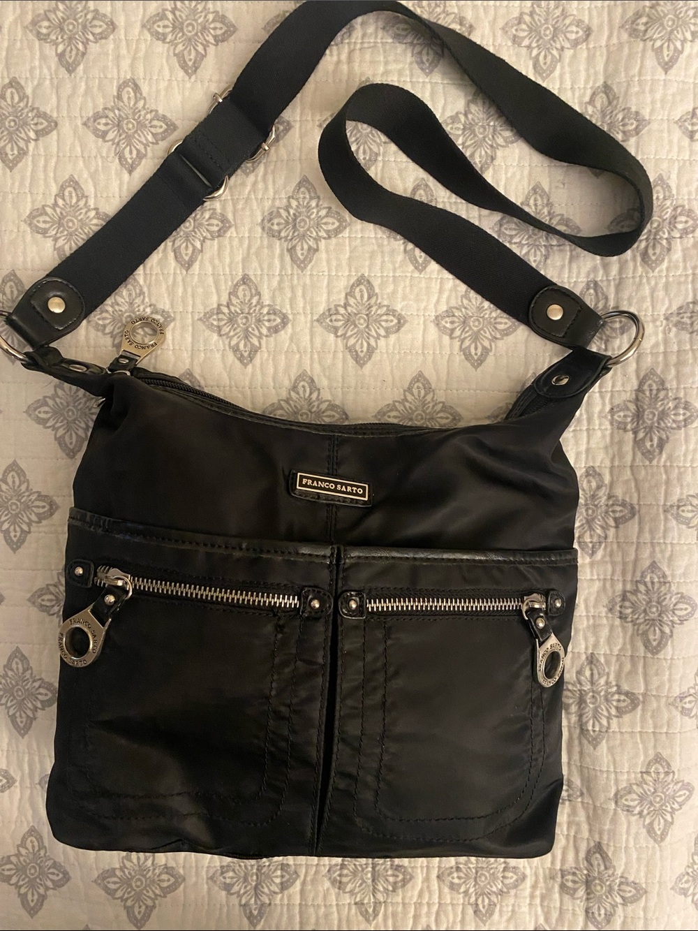 Franco Sarto Black Nylon Crossbody with Silver Hardware